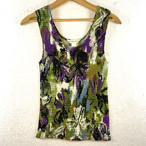 Womens Abstract Floral Textured Crinkle Tank Top Sz S Artsy Boho Resort Colorful